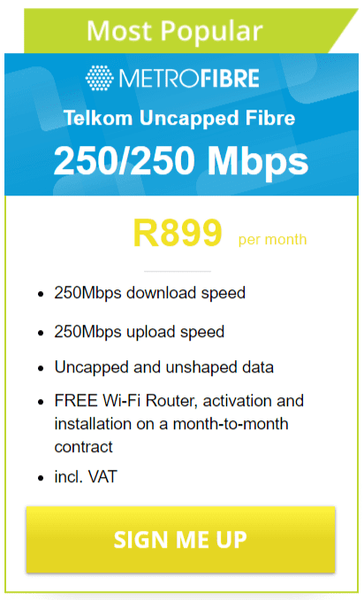 Telkom Fibre 250/250 Mbps Package