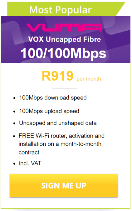 Vox Vuma Fibre 100/100Mbps Package