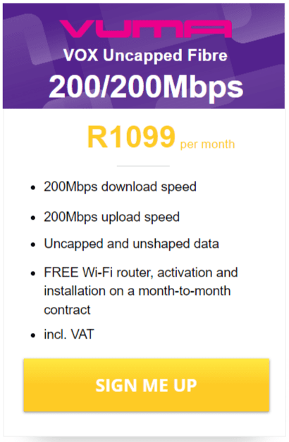 Vox Vuma fibre 200/200 Mbps Package