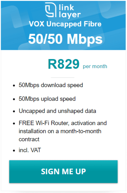 Vox Link Layer Fibre 50/50 Mbps Package