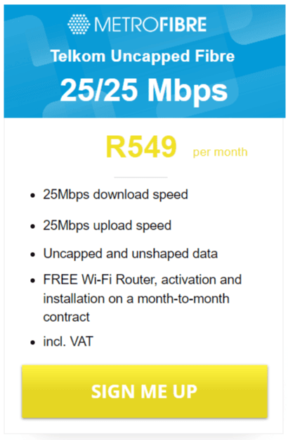 Telkom Fibre 25/25Mbps Package