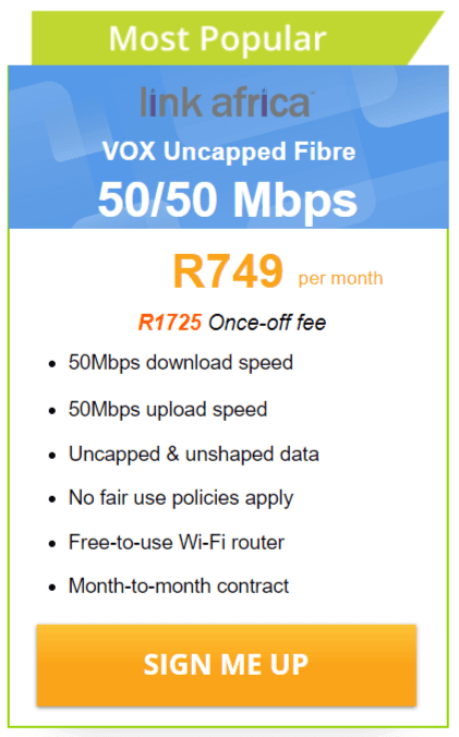 Vox Link Africa Fibre 50/50 Mbps Package