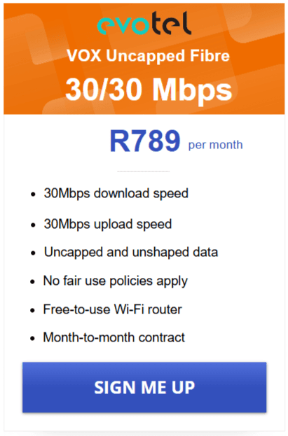 Vox Evotel Fibre 30/30 Mbps Package
