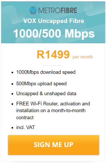 Vox Over Metrofibre Networx 1000/500 Mbps deal