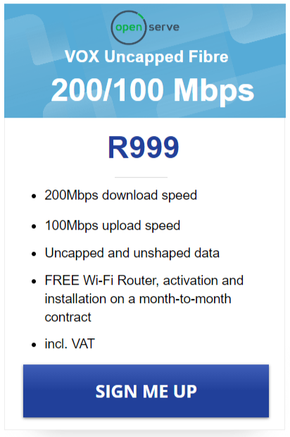 Vox Openserve Fibre 200/100 Mbps Package