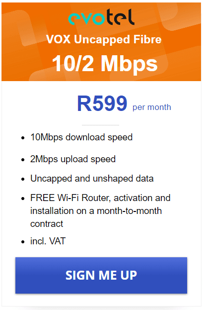 Vox Evotel Fibre 10/2 Mbps Package