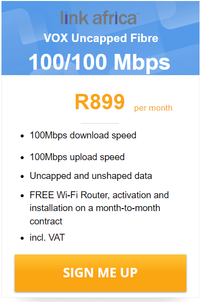 Vox Link Africa Fibre 100/100 Mbps Package