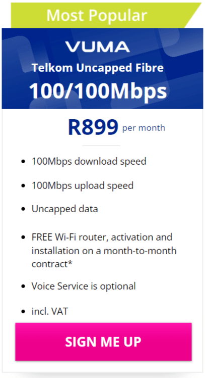 Telkom Vuma Fibre 100/100Mbps Package