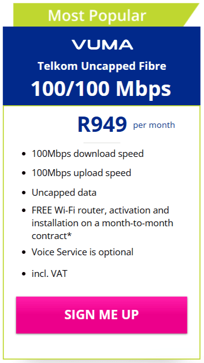 Telkom Vuma Fibre 100/100Mbps Package