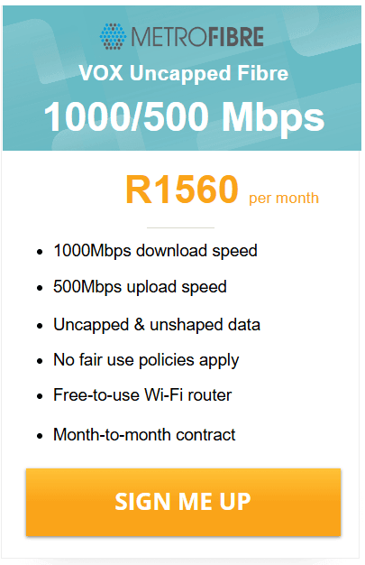 Vox Over Metrofibre Networx 1000/500 Mbps deal