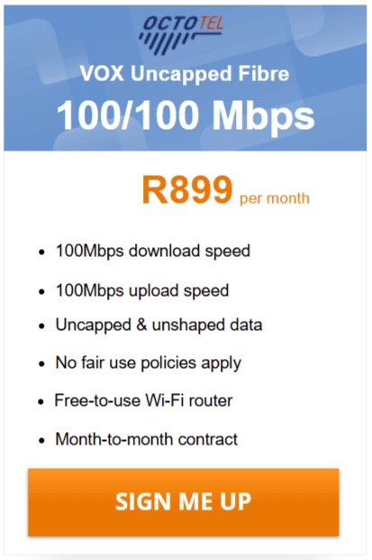 Vox Octotel Fibre 100/100 Mbps Package
