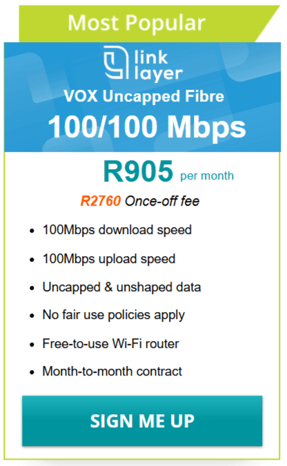Vox Link Layer Fibre 100/100 Mbps Package