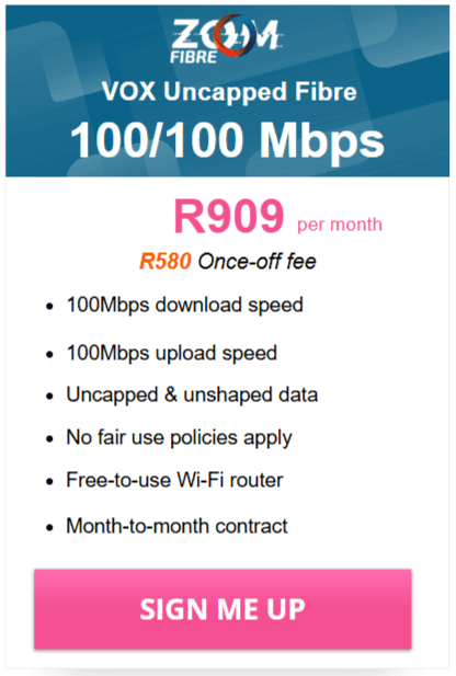 Vox Zoom Fibre 100/100 Mbps Package