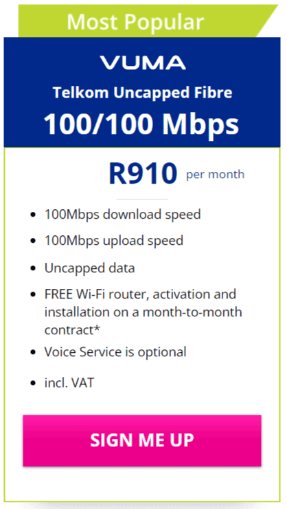 Telkom Vuma Fibre 100/100Mbps Package