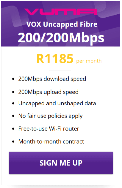 Vox Vuma Fibre 200/200 Mbps Package