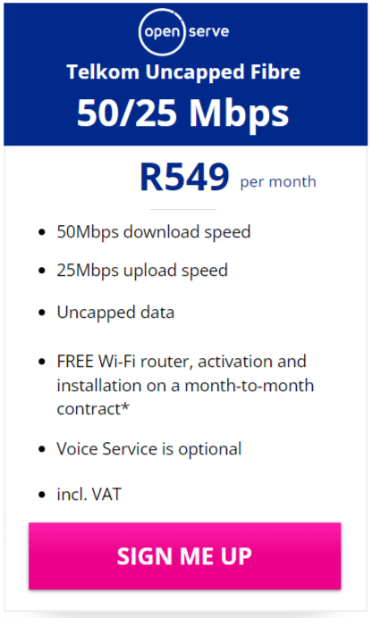 Telkom Fibre 50/25Mbps Package