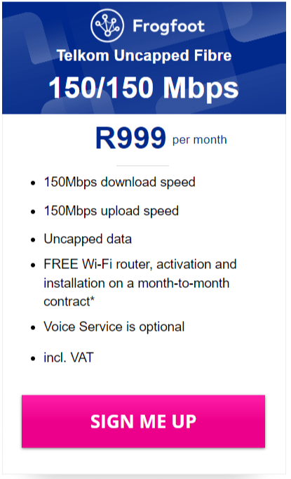 Telkom Frogfoot Fibre 150/150Mbps Package