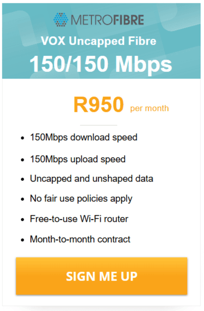 Vox Over Metrofibre Networx 400/400 Mbps deal