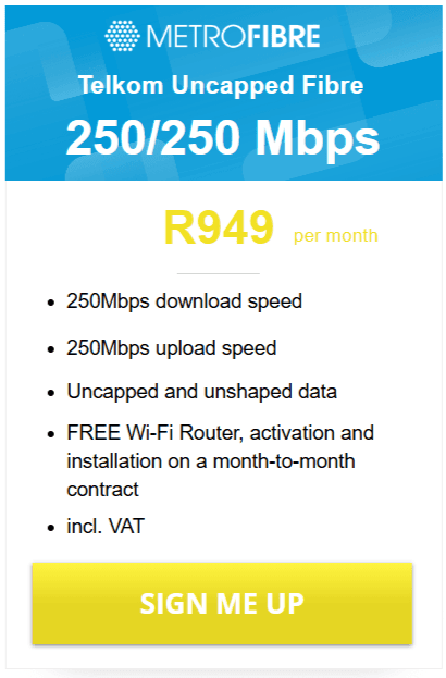 Telkom Fibre 250/250Mbps Package