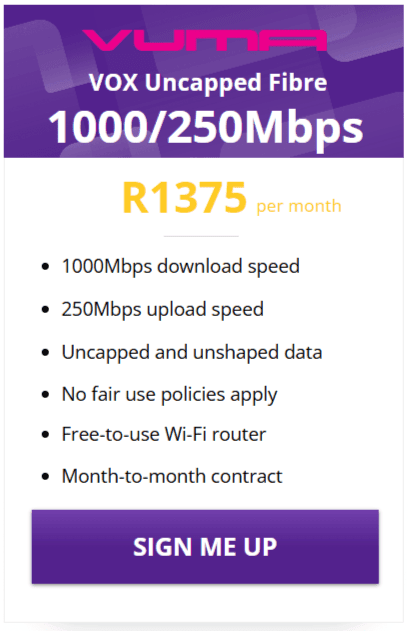 Vox Vuma Fibre 1000/250 Mbps Package