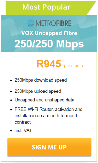 Vox Over Metrofibre Networx 250/250 Mbps deal