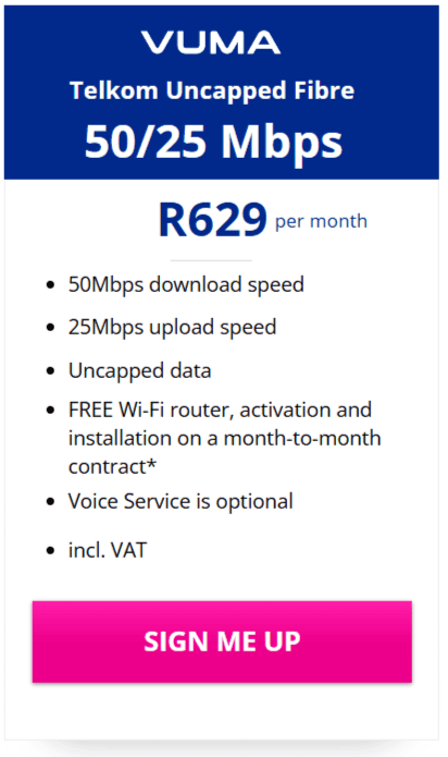 Telkom Vuma Fibre 50/25 Mbps Package