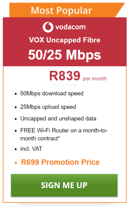 Vox Fibre 50/25Mbps Package