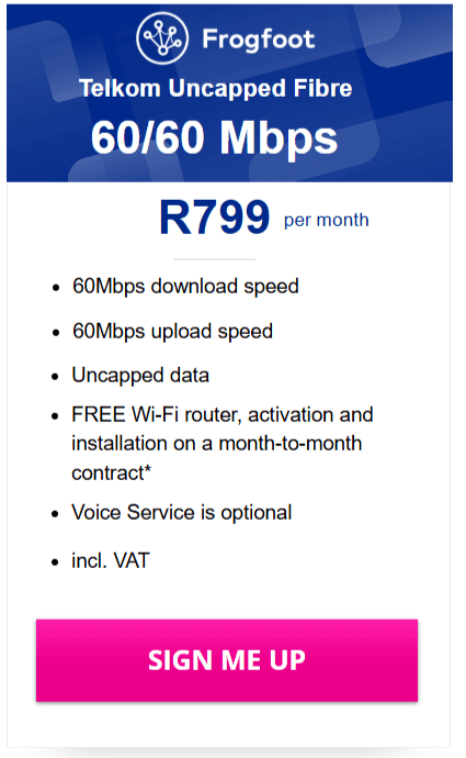 Telkom Frogfoot Fibre 60/60Mbps Package
