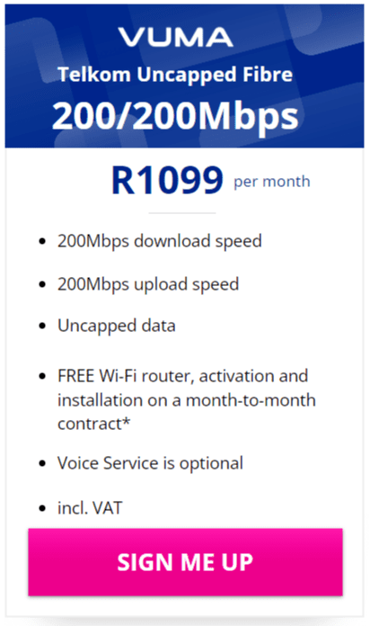 Telkom Vuma Fibre 200/200Mbps Package