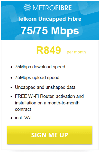 Telkom Fibre 75/75Mbps Package