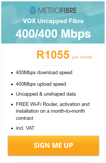 Vox Over Metrofibre Networx 400/400 Mbps deal