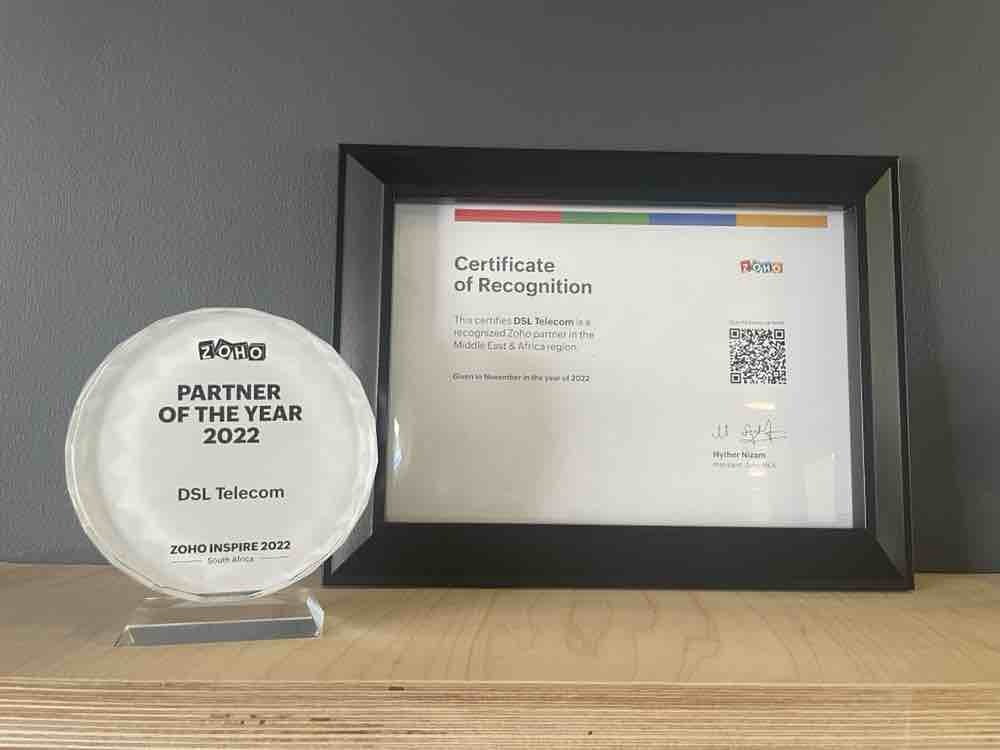 An image of DSL Telecom's Zoho Partner of the year award - South Africa 2022. 