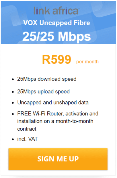 Vox Link Africa Fibre 25/25 Mbps Package