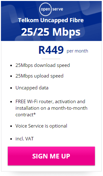 Telkom Fibre 25/25Mbps Package