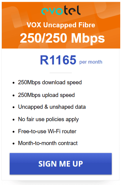 Vox Evotel Fibre 250/250 Mbps Package