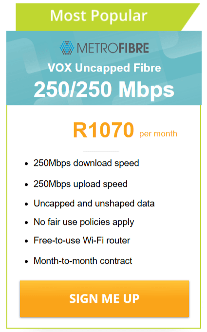 Vox Over Metrofibre Networx 250/250 Mbps deal