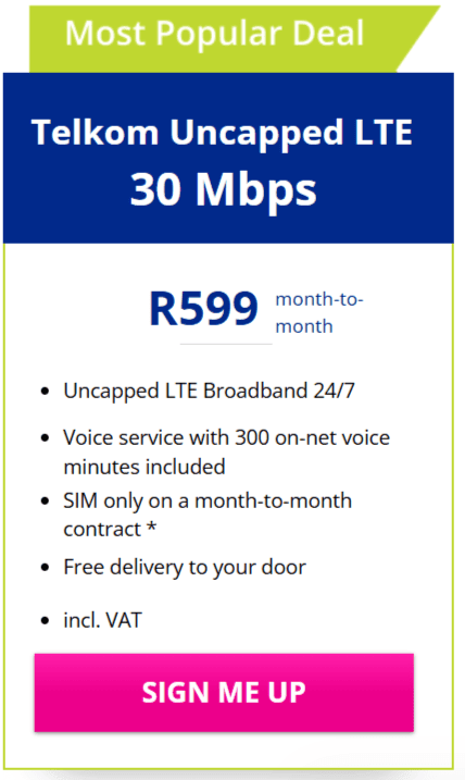 Telkom LTE Uncapped 20Mbps Package