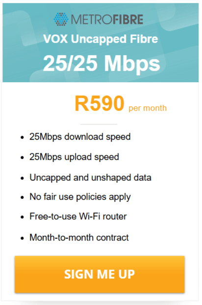 Vox Over Metrofibre Networx 25/25 Mbps deal