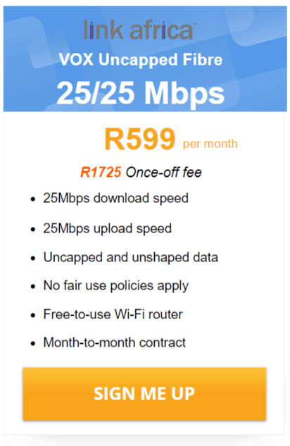 Vox Link Africa Fibre 25/25 Mbps Package