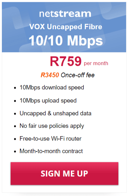 Vox Netstream Fibre 10/10 Mbps Package