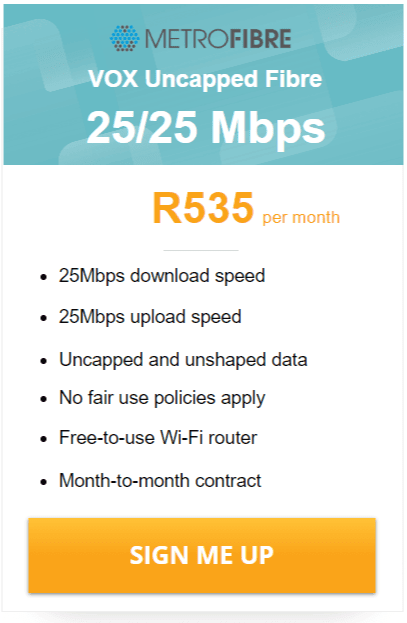 Vox Over Metrofibre Networx 25/25 Mbps deal