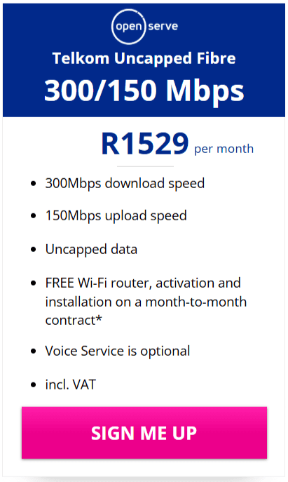 Telkom Fibre 300/150Mbps Package