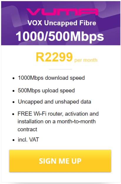 Vox vuma Fibre 1000/500 Mbps Package