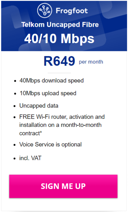 Telkom Frogfoot Fibre 40/10Mbps Package