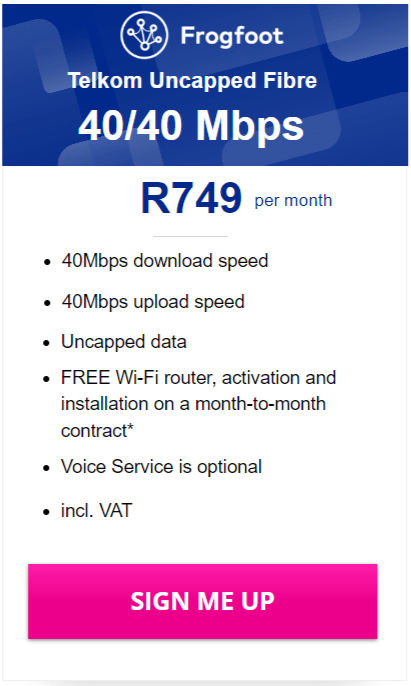 Telkom Frogfoot Fibre 40/40Mbps Package