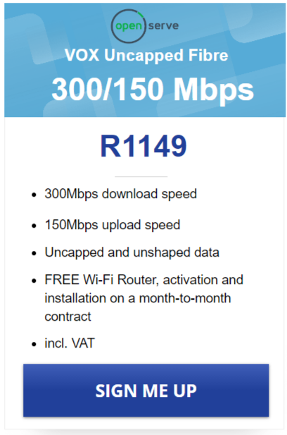 Vox FTTH Openserve 300/150Mbps