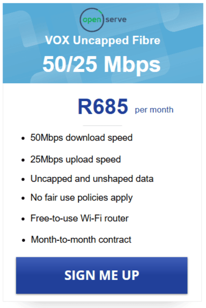 Vox Openserve Fibre 50/25Mbps Package