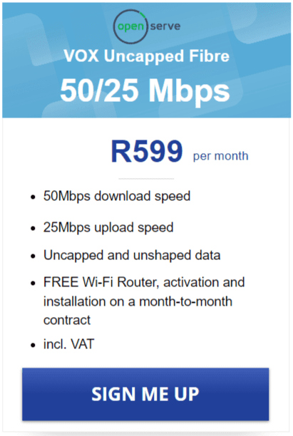 Vox Openserve Fibre 50/25Mbps Package