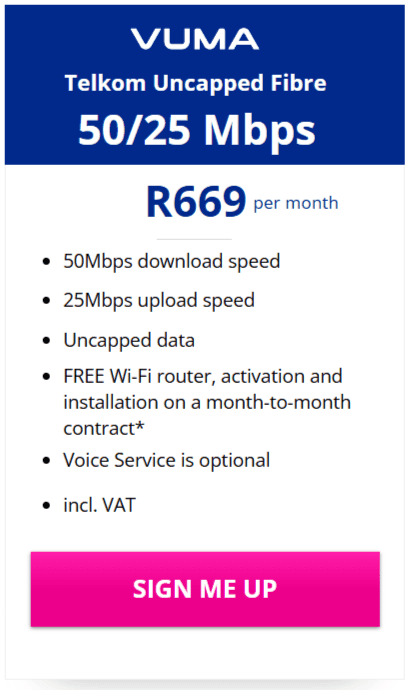 Telkom Vuma Fibre 50/25 Mbps Package