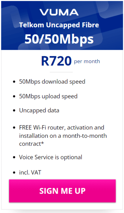 Telkom Vuma Fibre 50/50 Mbps Package